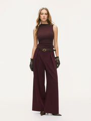 Cotton-blend Asymmetrical Neck Top & Mid Rise Wide Leg Trousers With Belt Set