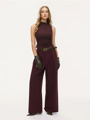 Cotton-blend Asymmetrical Neck Top & Mid Rise Wide Leg Trousers With Belt Set