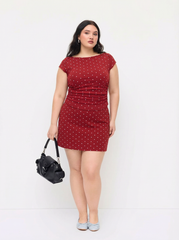 Cotton-blend Boat Neck Polka Dot Ruched Tee & Mini Skirt Curve & Plus