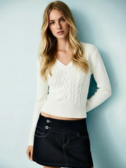 Cable Knit Wool-blend V-neck Long Sleeve Top