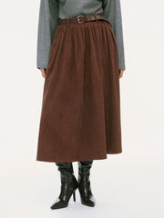 Corduroy Mid Rise Flared Maxi Skirt With Belt