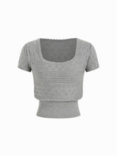 Cable Knit Square Neckline Geometric Puff Sleeve Top