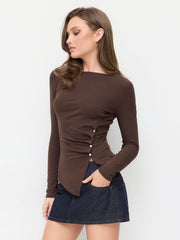 Metal Detail Asymmetrical Hem Ruched Tee