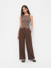 Striped Round Neckline Split Tank Top & Mid Rise Straight Leg Trousers Set