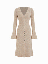 Knit V-Neck Button Front Bell Sleeve Midi Dress