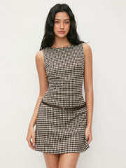 Round Neck Plaid A-line Mini Dress With Belt