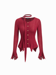Pointelle Long Sleeve Metal Button Blouse With Scarf