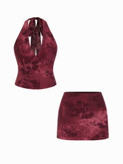 Halter Neckline Floral Tie Back Top & Mid Rise Mini Skirt Set