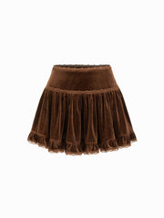 Velvet Mid Rise Lace Trim Flared Mini Skort