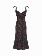 Floral V-Neck Lace Trim Bowknot Mermaid Maxi Dress