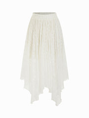 Lace Mid Rise Asymmetrical Flared Maxi Skirt
