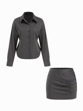Striped Collar Tie Waist Long Sleeve Shirt & Mid Rise Ruched Mini Skirt Set
