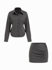 Striped Collar Tie Waist Long Sleeve Shirt & Mid Rise Ruched Mini Skirt Set
