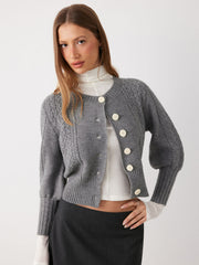 Cable Knit Round Neckline Lantern Sleeve Cardigan