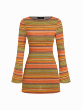 Jersey Boat Neck Striped Bell Sleeve Flared Mini Dress