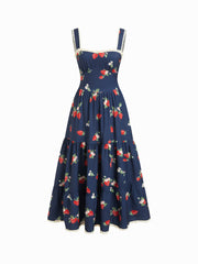 Square Neck Strawberry Ruffle Hem Maxi Dress