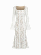 Floral Lace Square Neck Bell Sleeve Mermaid Maxi Dress