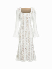 Floral Lace Square Neck Bell Sleeve Mermaid Maxi Dress