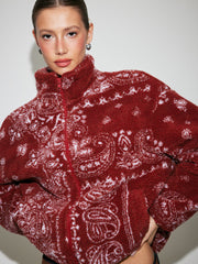 Fleece Stand Collar Paisley Print Oversized Jacket