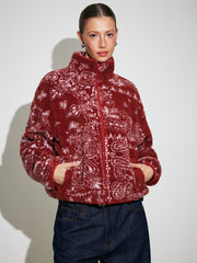 Fleece Stand Collar Paisley Print Oversized Jacket