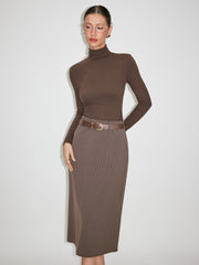High Neck Top & Striped Pencil Skirt With Belt Set