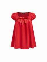 Satin Bowknot Ruffled Puff Sleeve Oversized Babydoll Mini Dress Curve & Plus