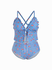 V-neck Check Cherry Graphic Criss-Cross Bikini Set Curve & Plus