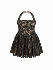 Floral Lace Halter Neckline Ruffled Flared Mini Dress Curve & Plus