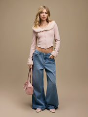 Faux Fur Collar Long Sleeve Rib Curved Hem Button Top