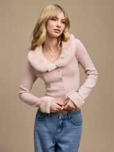 Faux Fur Collar Long Sleeve Rib Curved Hem Button Top