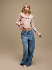 Faux Fur Collar Long Sleeve Rib Curved Hem Button Top