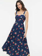 Square Neck Strawberry Ruffle Hem Maxi Dress
