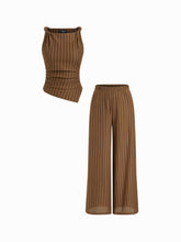 Boat Neck Twist Asymmetrical Hem Ruched Top & Mid Rise Geometric Straight Leg Trousers Set