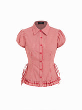 Cotton-blend Gingham Knotted Ruffle Hem Puff Sleeve Blouse