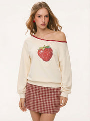 Cotton-blend Strawberry Graphic Asymmetrical Neck Contrasting Binding Oversized Sweatshirt