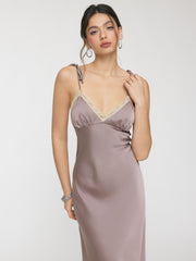 Silk V-neck Knotted Lace Trim Slip Maxi Dress