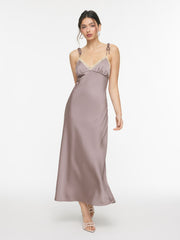 Silk V-neck Knotted Lace Trim Slip Maxi Dress