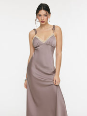 Silk V-neck Knotted Lace Trim Slip Maxi Dress