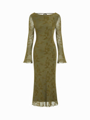 Velvet Boat Neck Floral Lace Backless Tie Back Maxi Dress