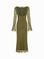 Velvet Boat Neck Floral Lace Backless Tie Back Maxi Dress