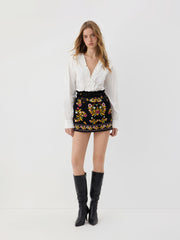 Velvet Mid Rise Floral Embroidered Lettuce Trim Elastic Waist Mini Skirt