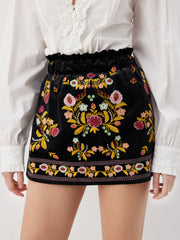 Velvet Mid Rise Floral Embroidered Lettuce Trim Elastic Waist Mini Skirt