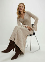 Knit V-Neck Button Front Bell Sleeve Midi Dress