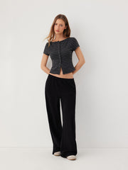 Striped Boat Neck Top & Mid Rise Straight Leg Trousers Set