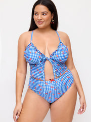 V-neck Check Cherry Graphic Criss-Cross Bikini Set Curve & Plus