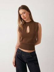 Knit Stand Collar Cut Out Cinched Waist Top