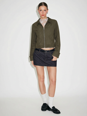 Suede Collar Long Sleeve Zip Through Jacket