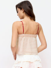 Chiffon Polka Dot V-neck Lace Trim Bowknot Oversized Cami Top