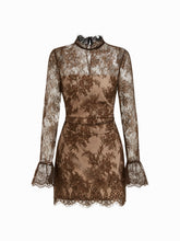 Lace Stand Collar Long Sleeve Straight Mini Dress