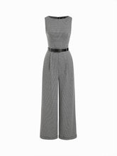 Houndstooth Boat Neck Zipper Wide Leg Jumpsuit With Belt